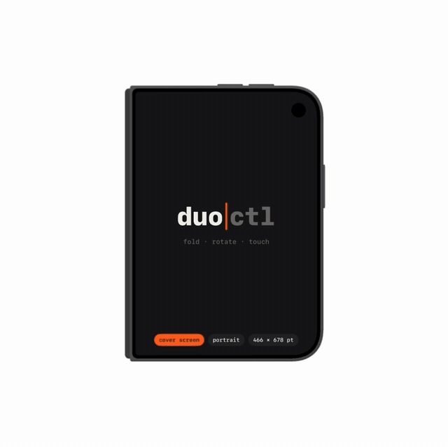 duoctl unfolding, tapping, swiping, rotating and half-folding the iPhone Duo simulator in Device Hub