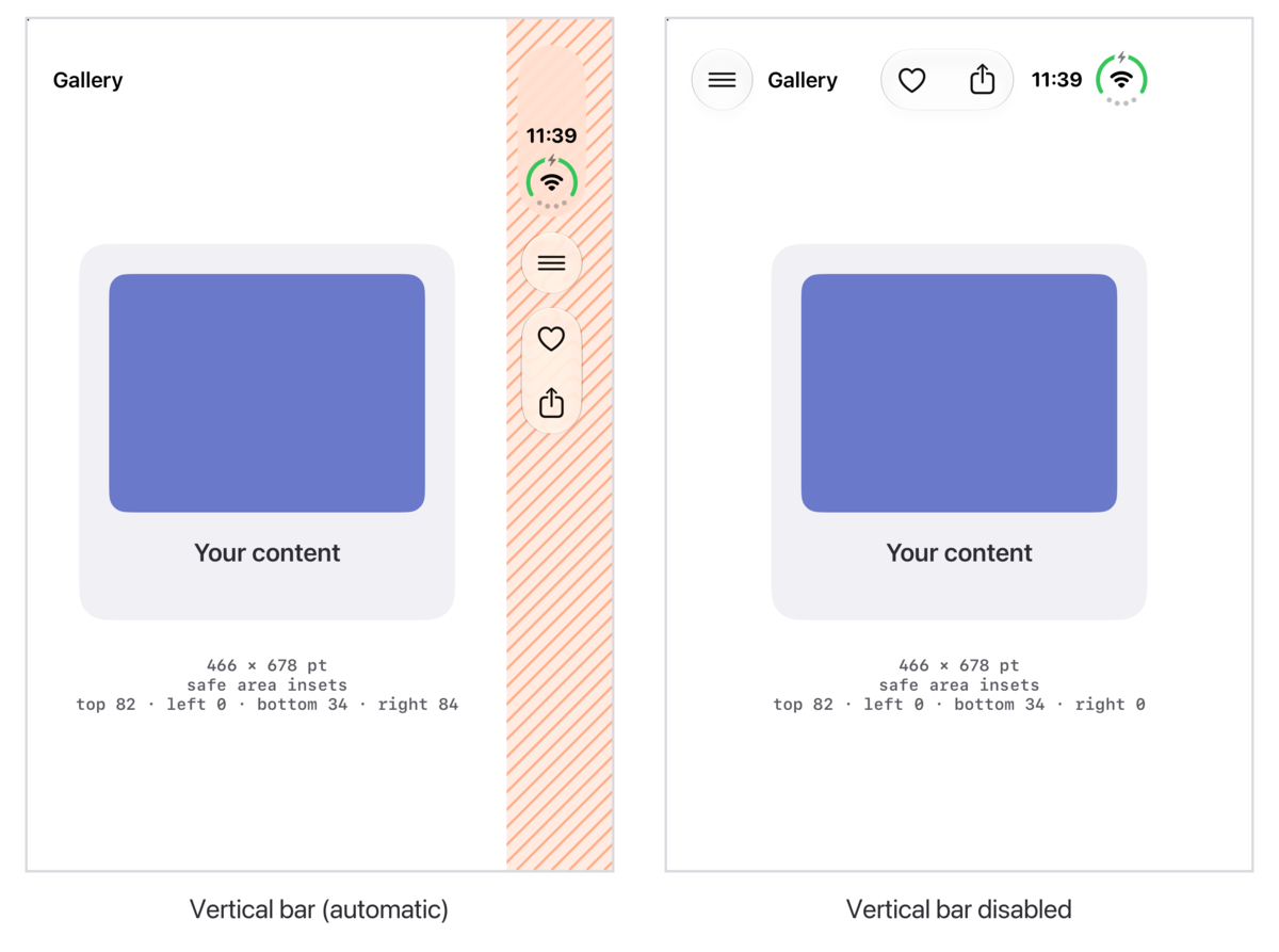 Left: with the default behaviour, the navigation bar's buttons move into the vertical bar next to the clock. Right: with the vertical bar disabled, the buttons and the status bar return to the top and the side inset is gone.